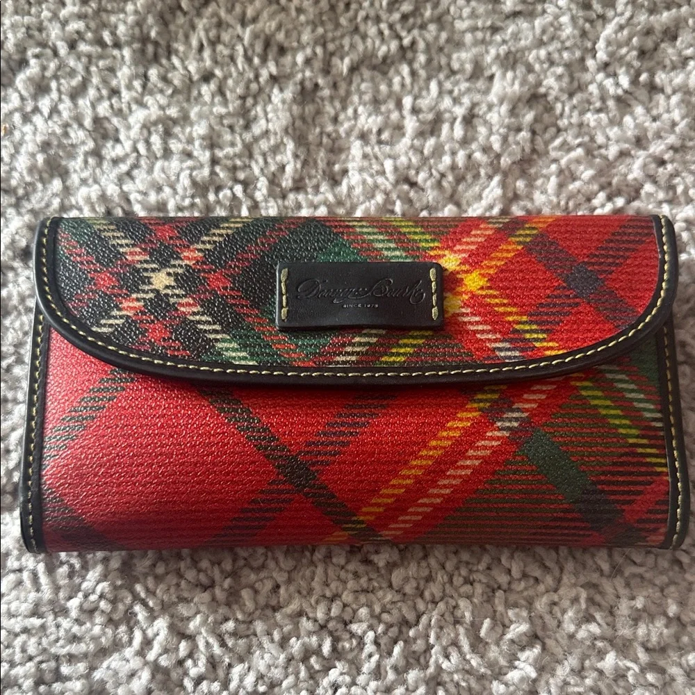 Dooney & Bourke Red Plaid Tartan Trifold Wallet with Leather Trim - Picture 2 of 11